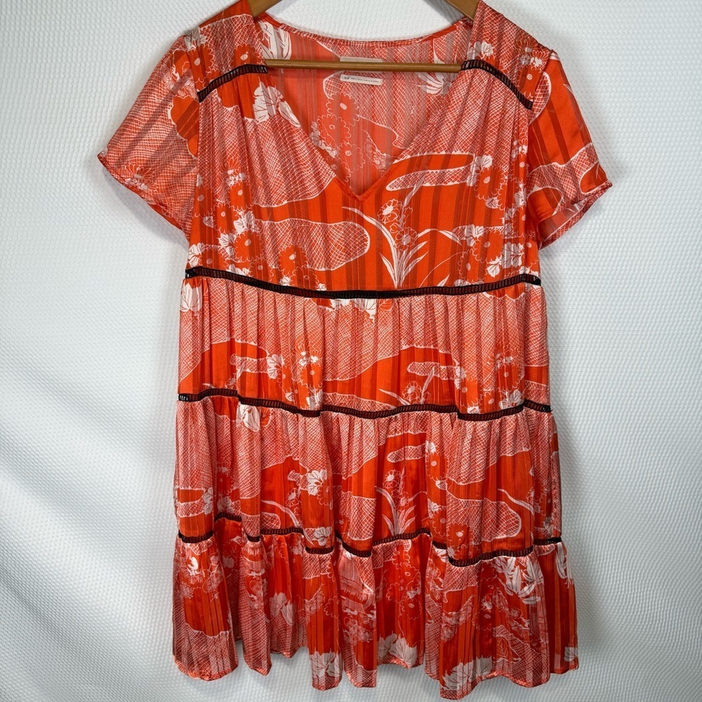 Urban Outfitters Pippa Chiffon Babydoll Tiered Medium Mini Dress Orange Floral